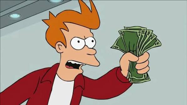 Fry z Futuramy entuzjastycznie trzymający pieniądze