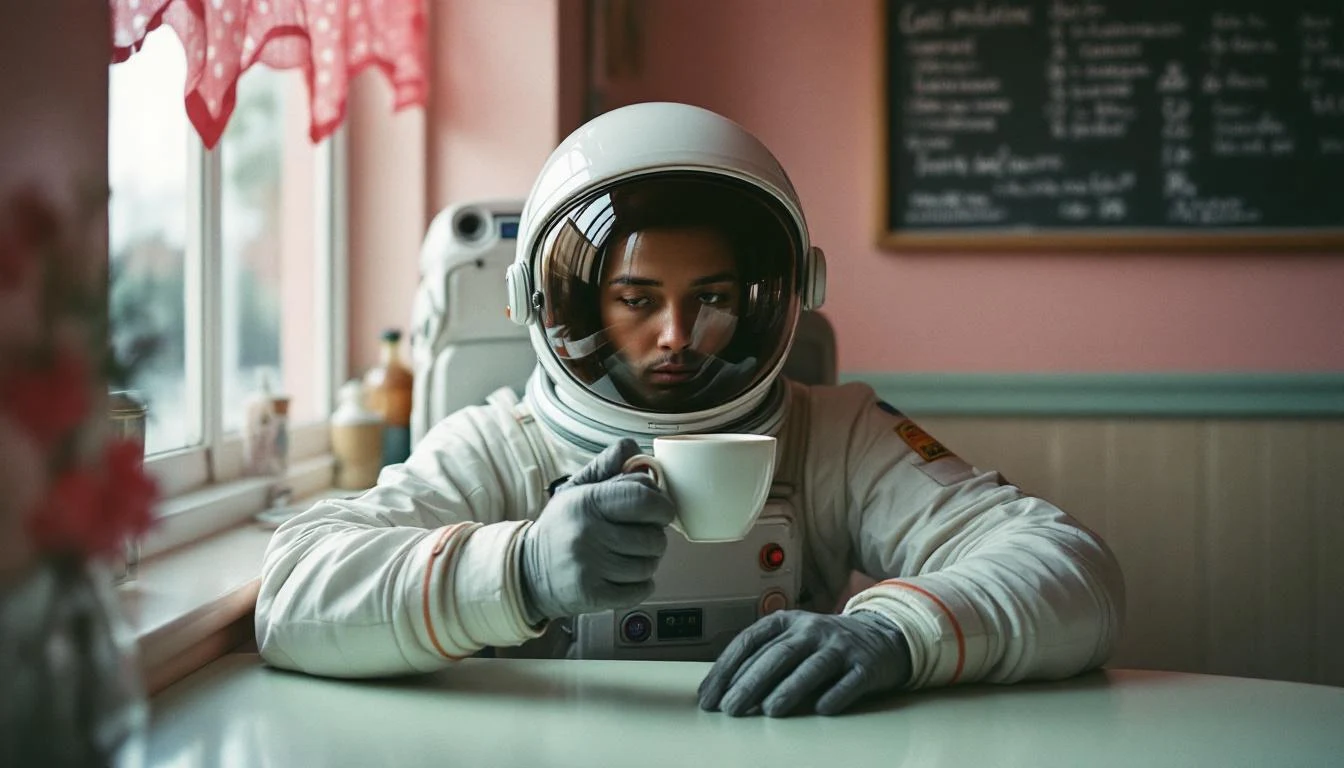astronaut drinking czarna herbata at a milk bar in łódź
