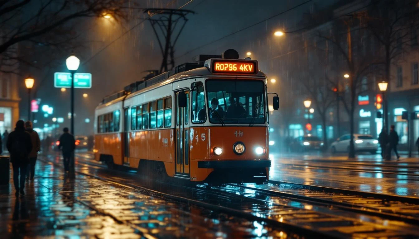 rain falling on vintage warsaw tram, slow motion, 4k